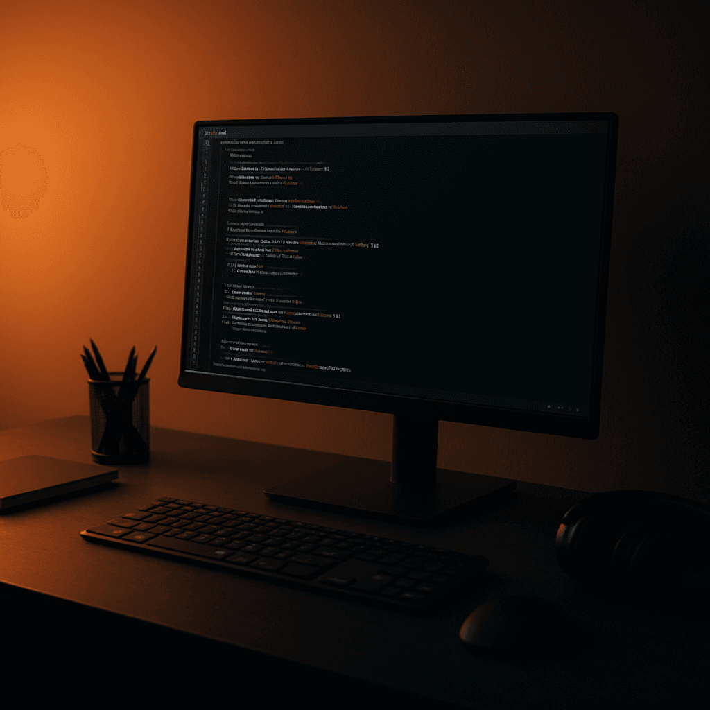 Un espacio de trabajo de ingeniería moderno con un monitor oscuro y luz ambiental cálida. Un espacio de trabajo de ingeniería moderno con un monitor oscuro y luz ambiental cálida.
