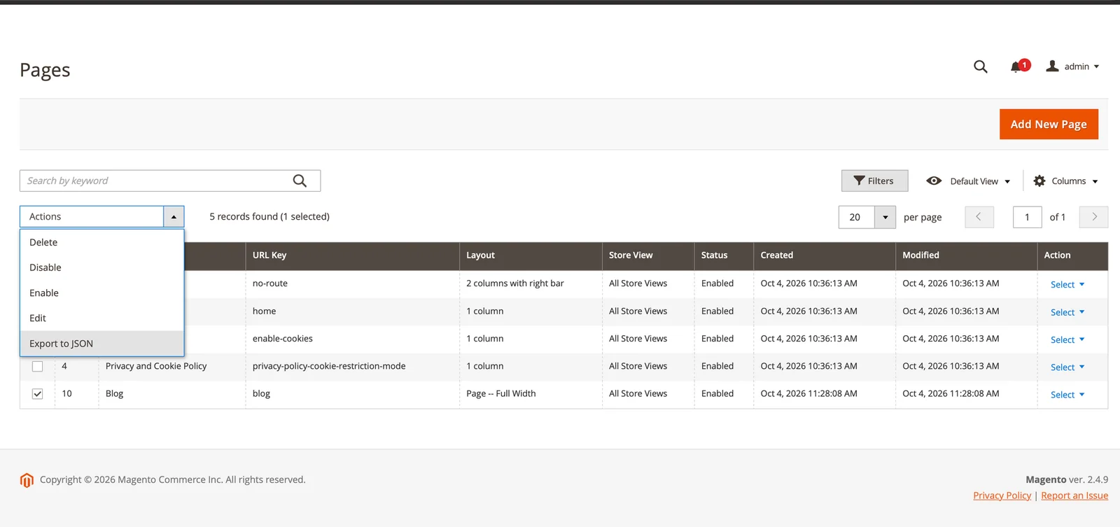 Export CMS pages in Magento 2 with the Export to JSON action in the Content → Pages grid Export CMS pages in Magento 2 with the Export to JSON action in the Content → Pages grid