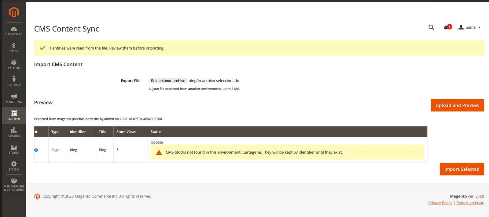 Importing a Magento 2 CMS page when the block it uses doesn't exist in the target environment Importing a Magento 2 CMS page when the block it uses doesn't exist in the target environment